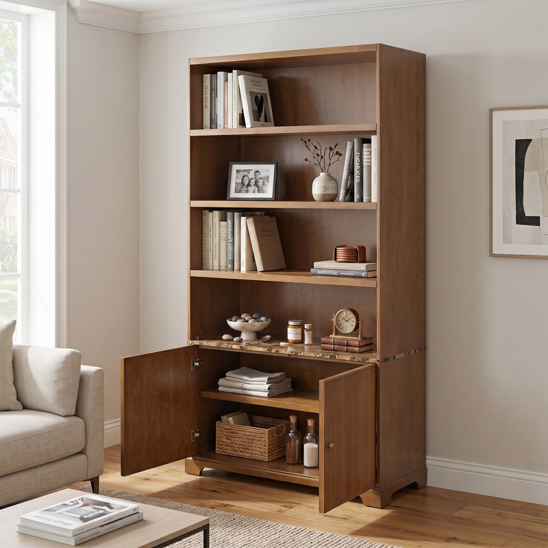 Grande armoire de rangement néo-classique Anwick avec portes cannelées doubles, tablettes ouvertes et plateau décoratif en faux marbre