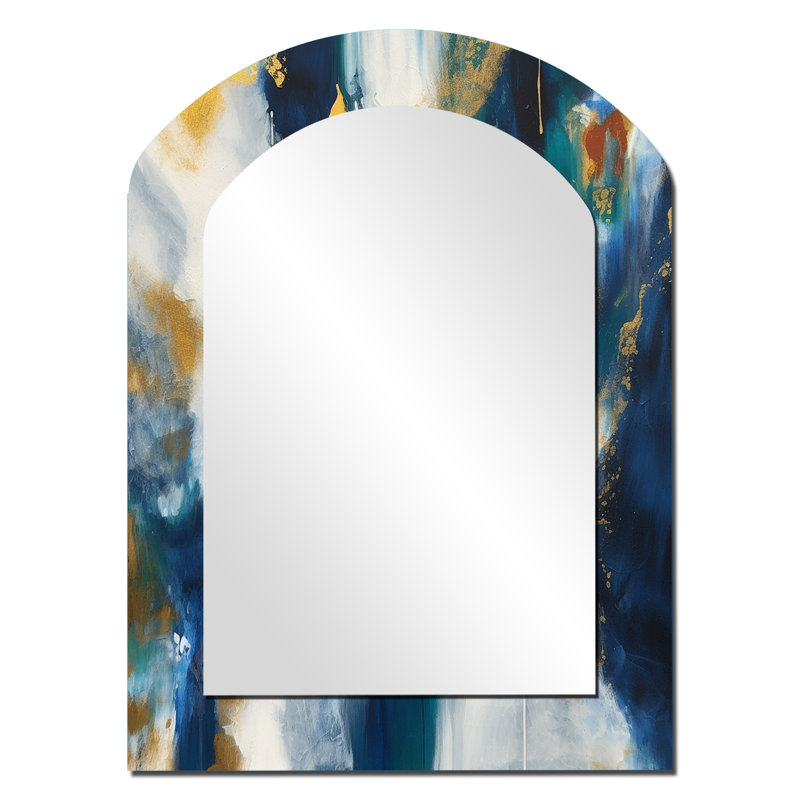 Deep Knowing Abstract In Royal Blue And Gold V - Abstract Painting Asymmetrical Large Mirror, Modern Arch Unique Wall Mirror Decor, Printed Metal Art