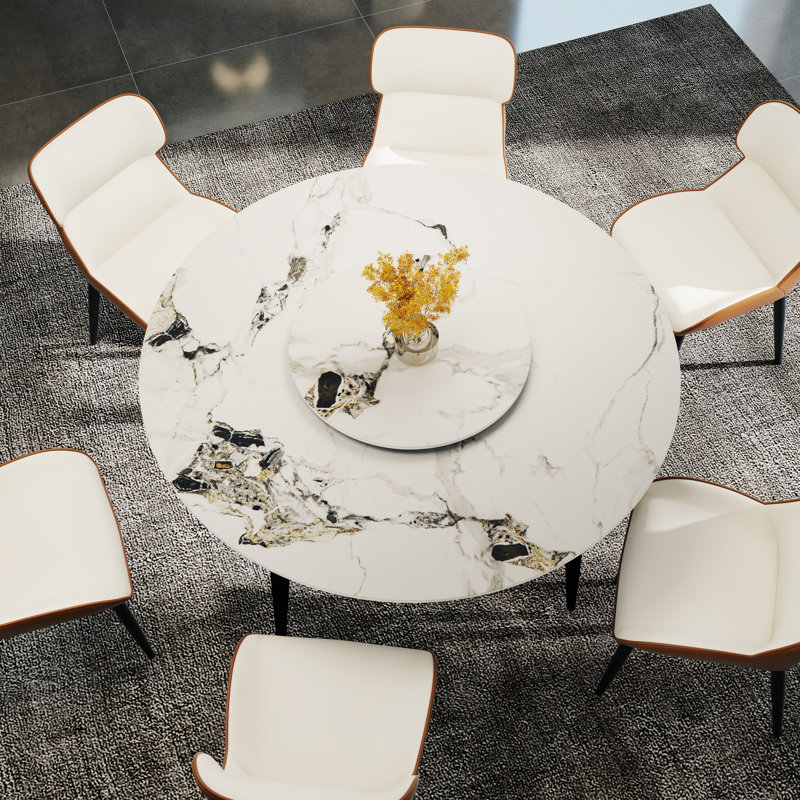 Four-Leg Round Sintered Stone Dining Table With Lazy Susan, Black, Patek White