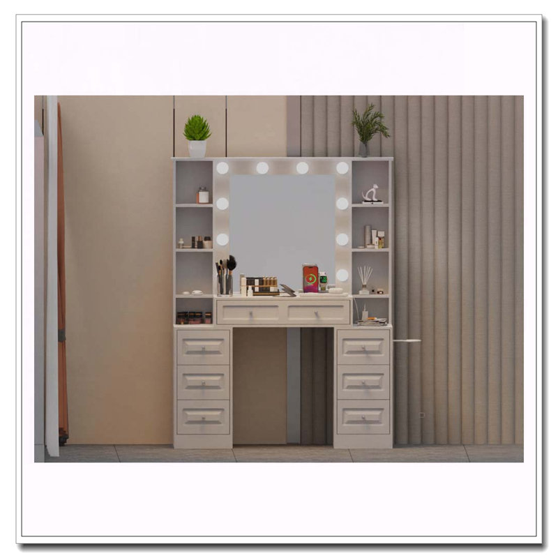 Vanity Desk with Mirror, Lights, Charging Station and 7 Drawers