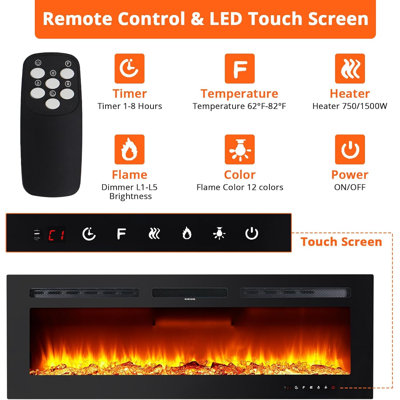 Electric Fireplace Wall Mounted And Recessed With Remote Control