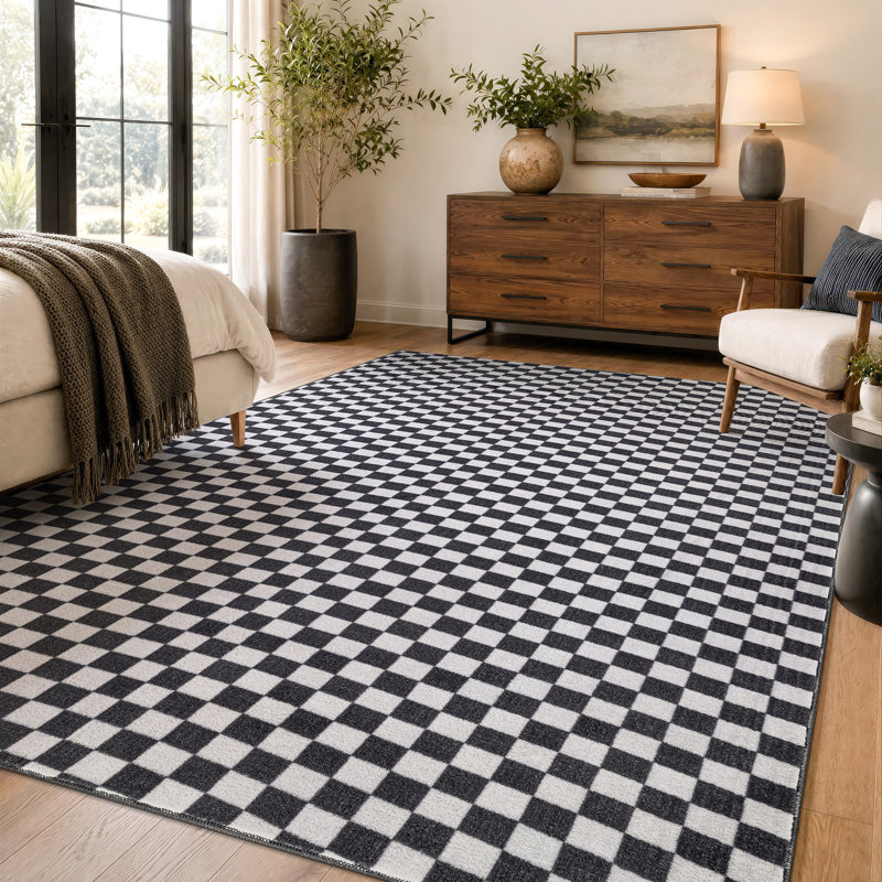 Tapis d'intérieur antidérapant à carreaux miniature anthracite, lavable à la machine, Gris anthracite, 5 pi x 7 pi