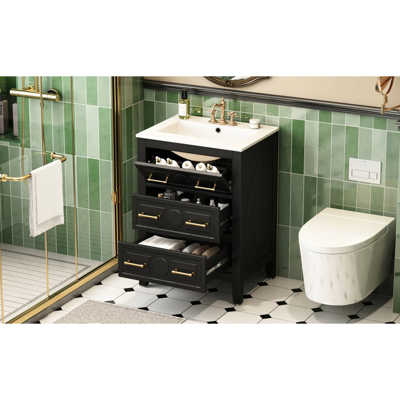 Meuble-lavabo de 24 po avec lavabo en céramique, meuble-lavabo simple à 3 tiroirs, couleur noire et noir, facile à installer, tiroirs rétro en métal