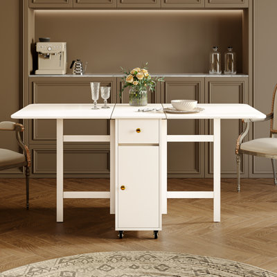No Assembly 12'' to 59''W Extendable Dining Table for 2-6 People, Space-Saving Moveable Wood Kitchen Island with Wheels, Modern Folding Kitchen Table with Storage and Drop Leaves for Kitchen and Dining Room, White