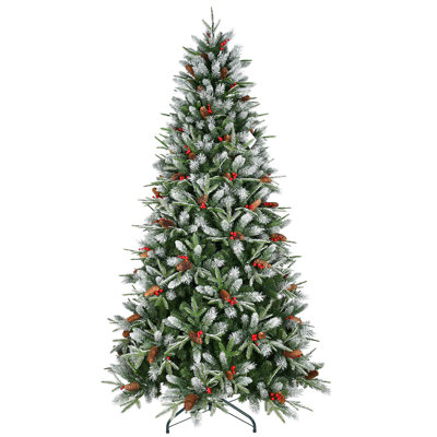 Arbre de Noël 4 pi avec 747 pointes, baies rouges et pommes de pin - Branches PE + PVC enneigées, conception à charnières pour une installation facile, support en métal robuste - Décoration d'arbre de Noël naturelle