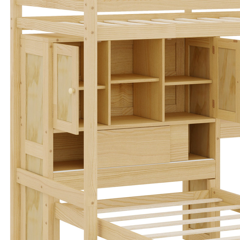 Lit mezzanine avec bureau intégré et escalier, avec compartiments de rangement et tablettes