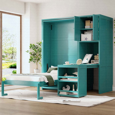 Teal Twin Size Rotating Murphy Bed With Bookshelf, Top Cabinet, Extendable Desk & Side Storage