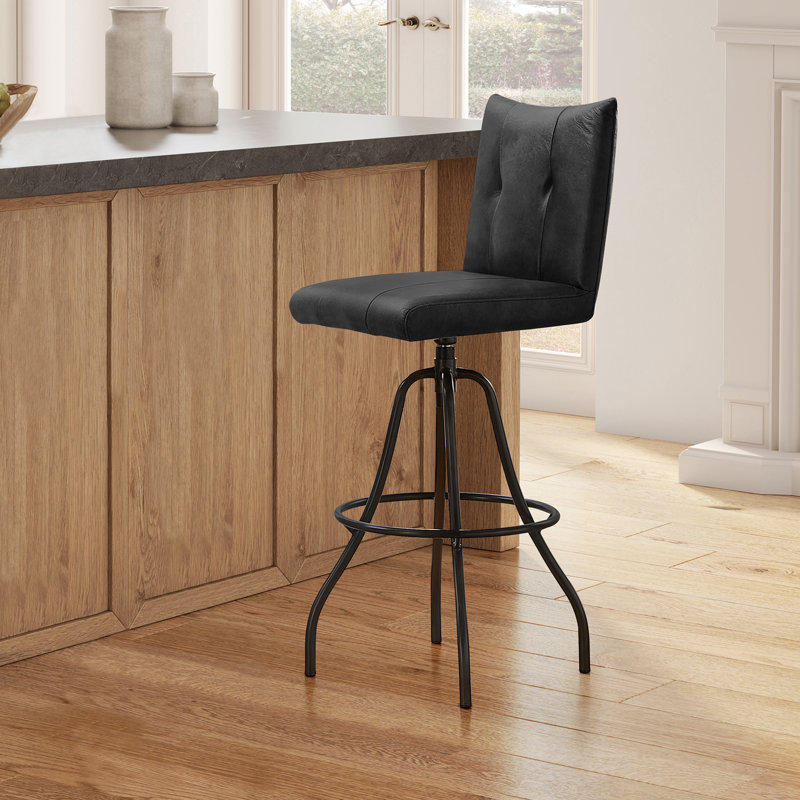 Estuardo 29.92" Upholstered Top Grain Genuine Leather Swivel Counter & Bar Stool, Black