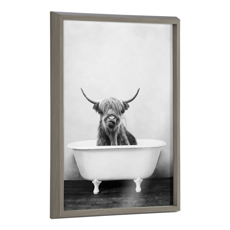 Highland Cow in the Tub BW by Amy Peterson - Picture Frame Print on Glass