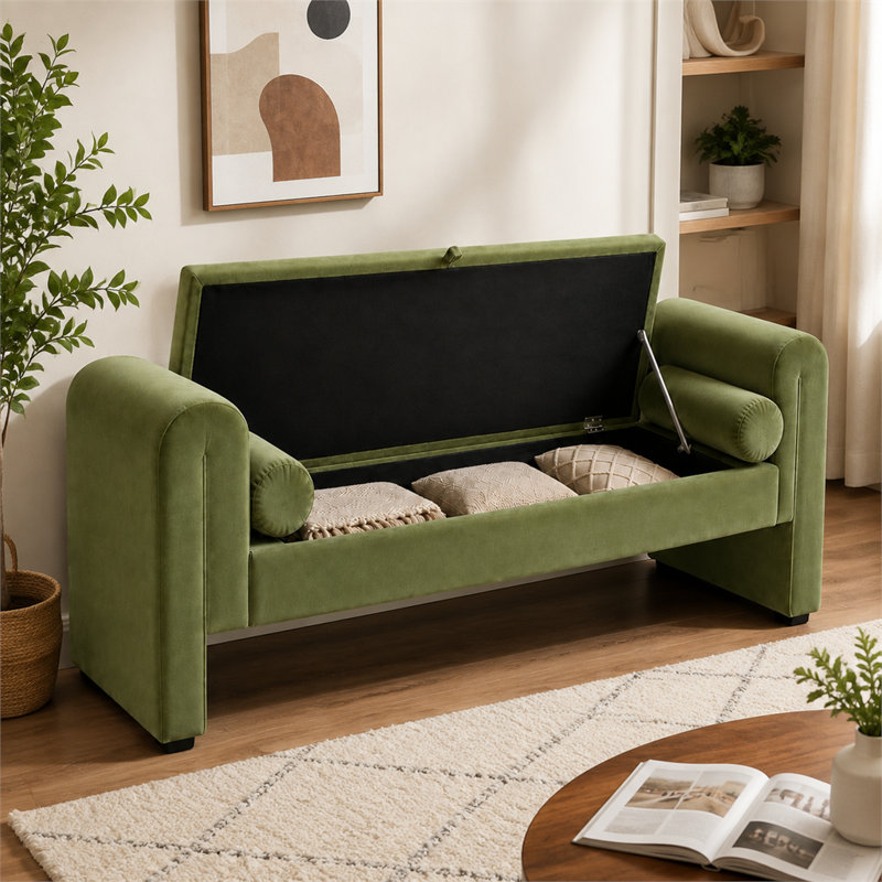 Banc de rangement moderne vert de 152 cm (60 pouces) en bois extra long pour deux personnes avec rangement dissimulé, idéal pour une chambre, un salon, une salle de jeux, une entrée ou un vestiaire.