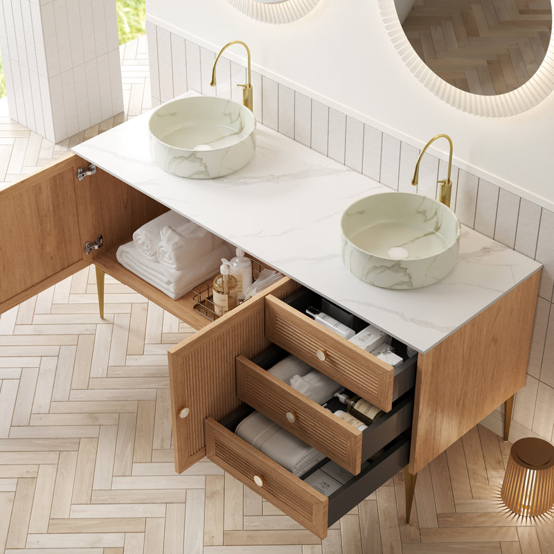Meuble-lavabo de 152 cm (60 po) avec deux lavabos en pierre et céramique, trois tiroirs, deux portes à fermeture amortie, chêne, contreplaqué haute résistance, design élégant, comptoir blanc autoportant, fini contreplaqué.