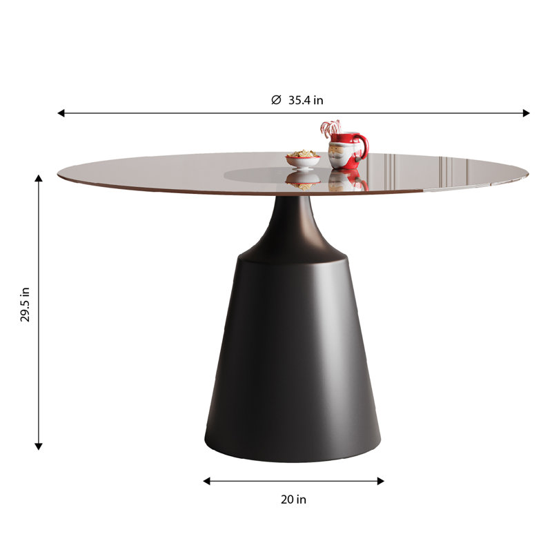 35" Round Dining Table, 10mm Thick Tempered Glass with Sandblasted Carbon Steel Pedestal Base, Modern Bistro Table