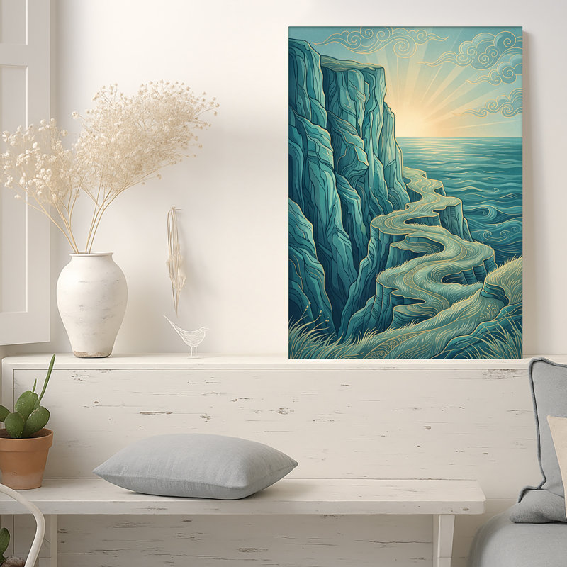 Art mural toile sarcelle, falaises et chemin sinueux menant à l'océan, 36"H x 24"W