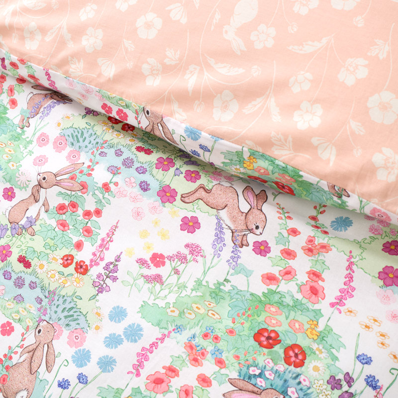 Meadow Bunnies Cotton Floral Duvet Cover Set with Pillowcases Included, Junior