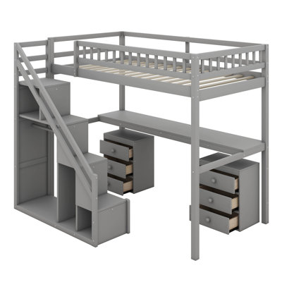 Structure de lit simple de taille mezzanine avec escalier de rangement, lit mezzanine avec bureau, commode à 2 tiroirs avec tiroir, DEL, garde-corps de sécurité, garde-robe ouverte