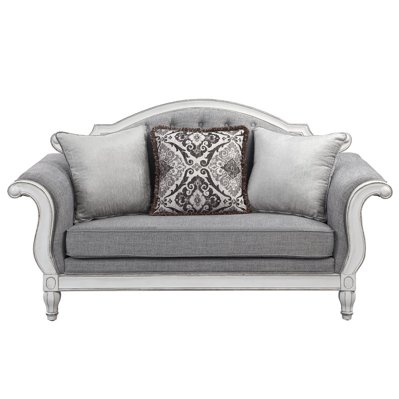 Gray Fabric And Antique White Finish With Pocket Coil Seat, 3 Included Pillows, Tight Back, Loose Seat Cushion, Kd Arm Wooden Legs, 7" Thick Cushions, Button Tufting, 6" Floor , 440lbs Weight Limit,