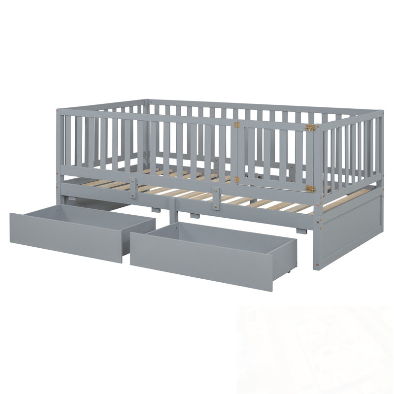 Lit simple en bois Joann avec garde-corps de clôture et 2 tiroirs, Gris