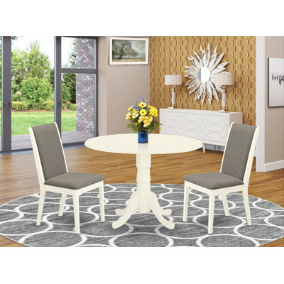 Ensemble de table de cuisine 3 pièces pour petits espaces comprenant une table de salle à manger ronde avec piédestal et 2 chaises rembourrées en tissu Shitake, 42 po x 42 po, blanc lin
