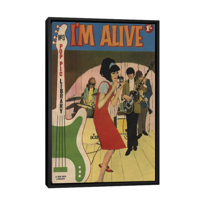 « i suis alive », affiche rétro sur toile, H 26 po x l 18 po x P 1,5 po, Toile avec cadre noir, Pas de tapis