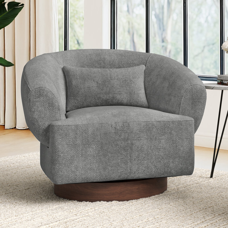 Fauteuil demi-tonneau pivotant de 37 po de largeur avec base en bois, Chenille gris moyen