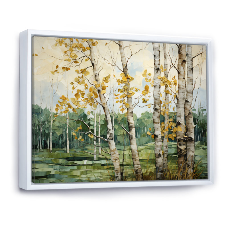 " Birch Tree Whispers Landscape I ", White Floater Framed, 12" H x 20" W x 1" D