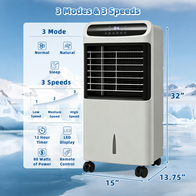 32 pouces 3-en-1 32 po portable refroidisseur par évaporation portable, humidificateur de ventilateur de glace avec minuterie 12H télécommande 60 ° oscillation, réservoir d'eau 3,2 gallons