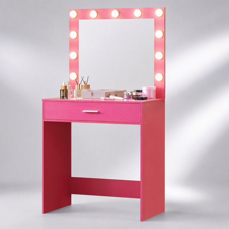 Bureau de coiffeuse avec miroir et lumières, coiffeuse avec grand tiroir, 3 modes d'éclairage, luminosité réglable pour la chambre à coucher