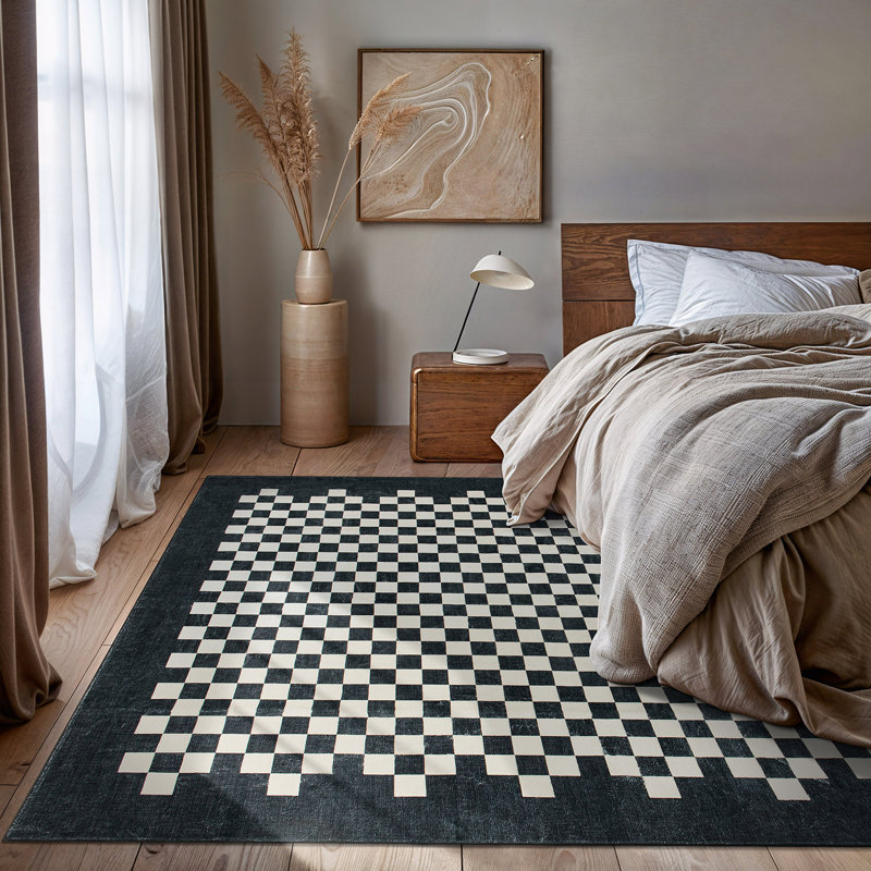 Tapis contemporain à bordure à carreaux lavable et antidérapant, Rectangle 5 pi x 7 pi