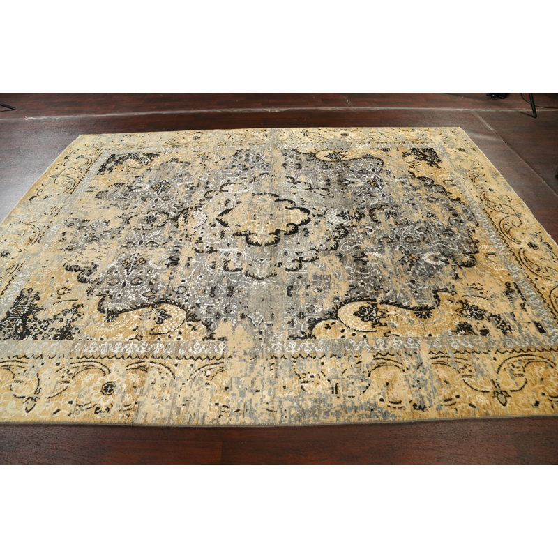 Tapis gris noué à la main de conception unique 8 pi 1 po x 10 pi 4 po New Age