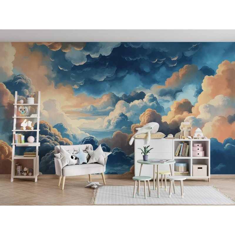 Blue Orange Dramatic Cloud Sky Wall Mural – Painterly Stormy Sunset Nursery Panoramic Large Format Wall Decor