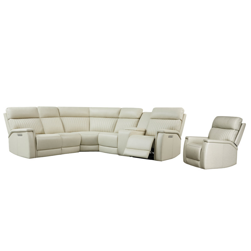 Ensemble de salon Emlin 7 pièces, 2 fauteuils inclinables électriques, canapé d'angle inclinable en cuir, appui-tête et soutien lombaire électriques.