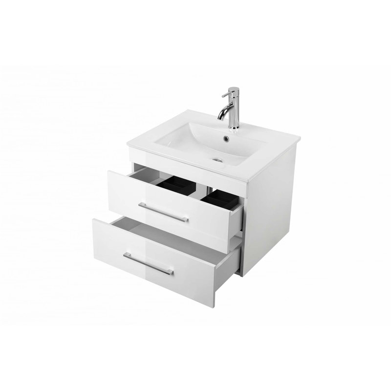 Meuble-lavabo mural blanc brillant avec tiroirs doubles, système de fermeture en douceur, lavabo en céramique, 24"