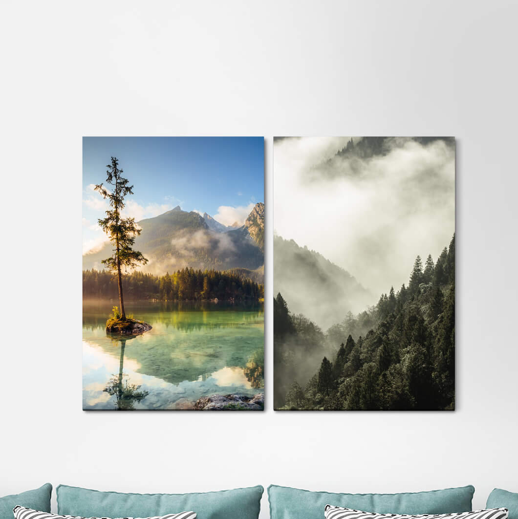 2-tlg. Leinwandbilder-Set - Fotografie „Nature Untouched Mountains Lake Fir Forest Fog Peace of Mind”