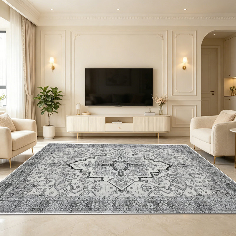 1PC Vintage Distressed Grey Persian Medallion area rugs for Living Room, Soft and Comfortable, Suitable for all seasons, easy-to-maintain, machine washable Indoor floor mat, Under Table Farmhouse suitable for dining room, bedroom, home office,