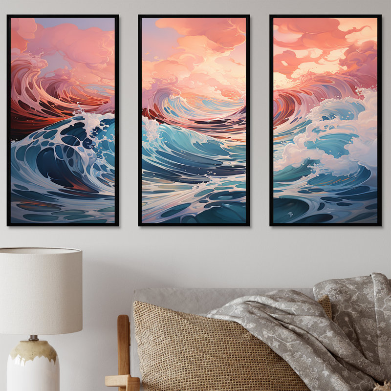 «Aqua Pastel Clouds Lansdcape II», ensemble d'art mural sur toile, Cadre flottant noir, H 32 po x l 48 po x P 1 po