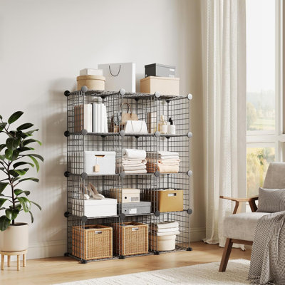 12-Cube Metal Grid Storage Organizer - Modular Wire Cube Shelf Unit, 37.4”l x 12.6”w x 48.8”h, Versatile Closet Cabinet & Bookshelf for Bedroom, Office, Entryway