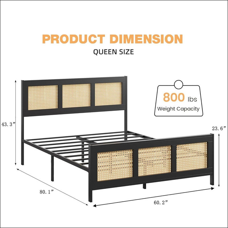 Bed Frame with Headboard, Bohemian Platform Bed Frame with Strong Metal Slats Support, No Box Spring Needed, Noise-Free Design