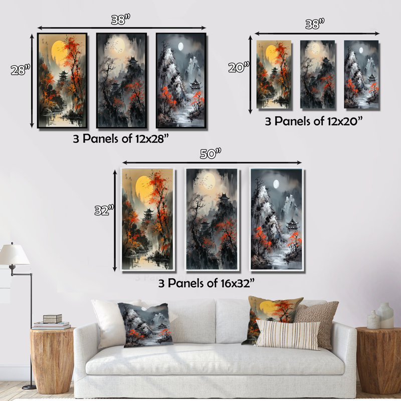 «Red Moonset Raven Cry Japon», 3 pièces sur toile, Cadre naturel flottant, H 28 po x l 36 po