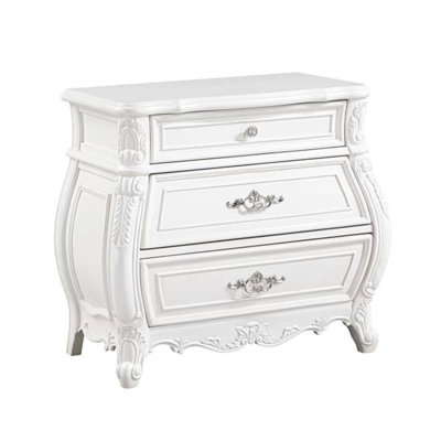 Valena Nightstand, 3 Drawers, White Solid Wood, Metal Handles, 31 Inch
