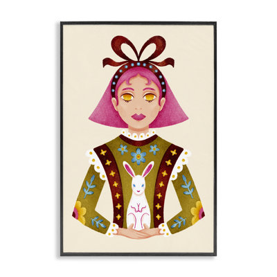 Pink Haired Girl & Bunny Framed Giclee, design by Hannah Moren