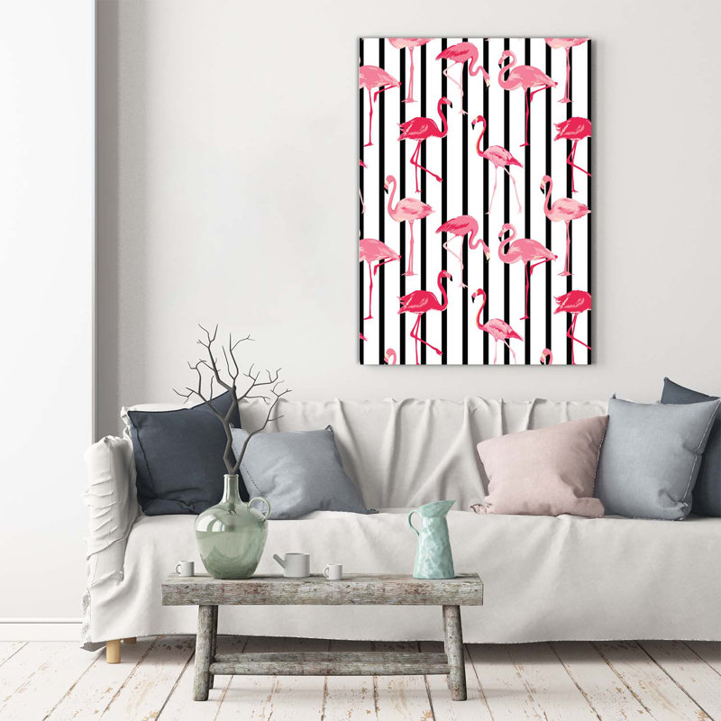Flamingos And Stripes - Wrapped Canvas Print
