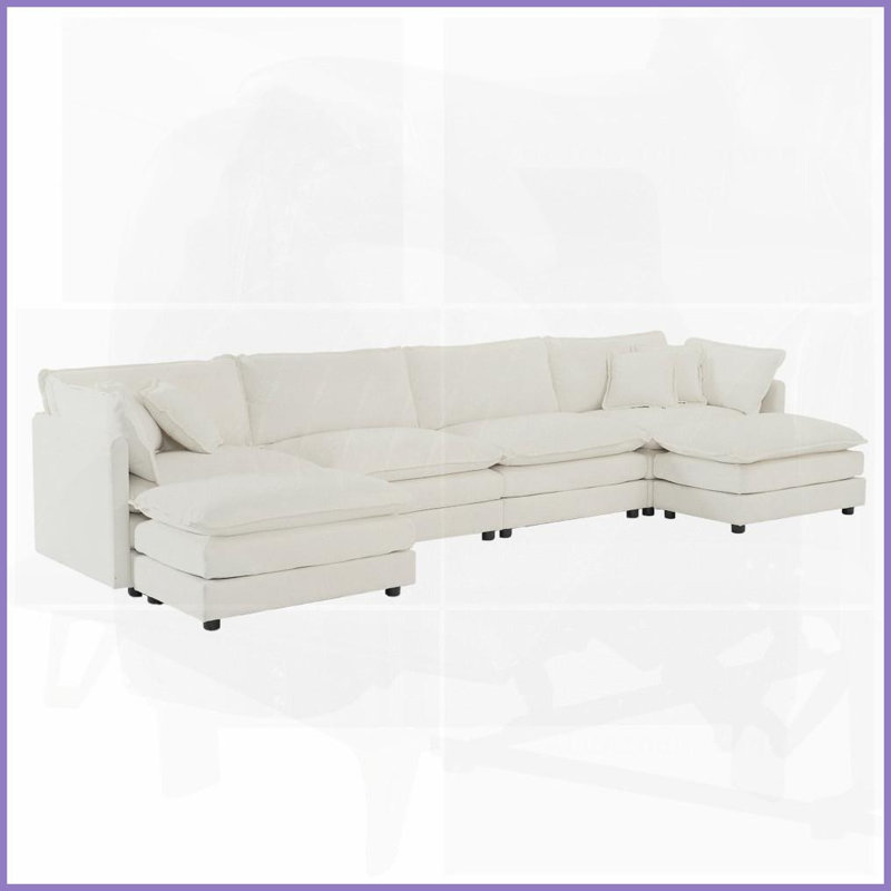 Canapé modulaire moderne en U en chenille blanc avec méridienne réversible et amp; Double repose-pieds - idéal pour le salon