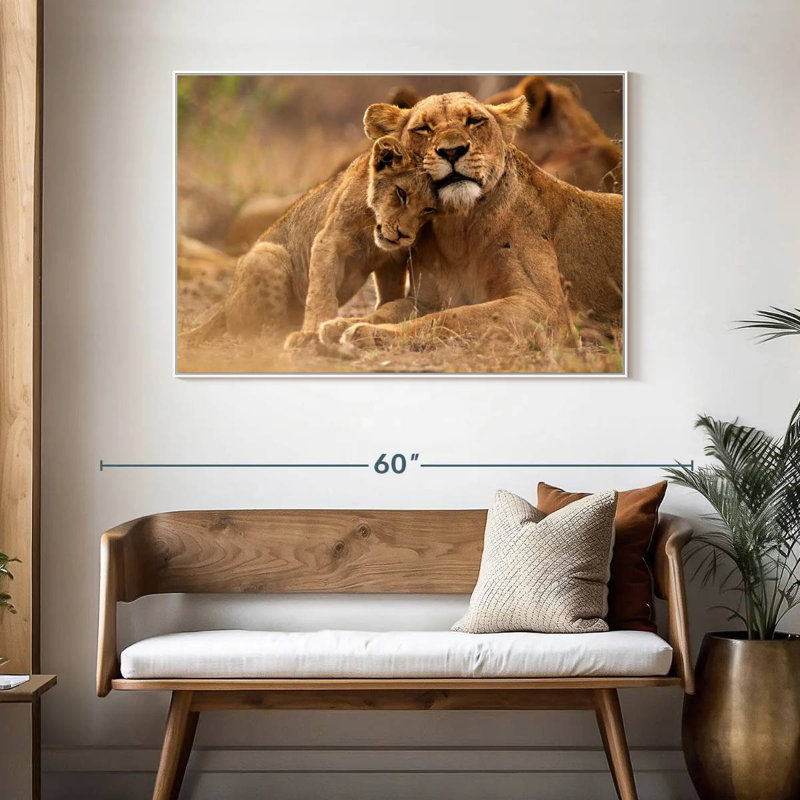 Lionne et louveteau, 46 po x 31 po, Cadre flottant blanc