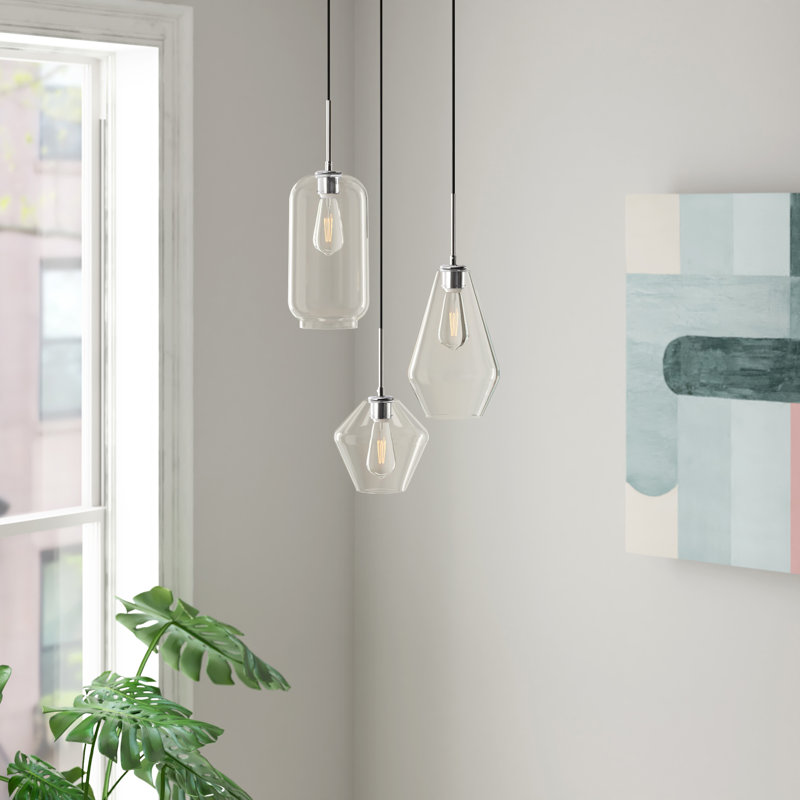 Luminaire suspendu géométrique à 3 lumières Vandyke, Transparent, Chrome