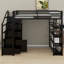 Lit mezzanine en métal avec tablettes de rangement, armoires et garde-robe