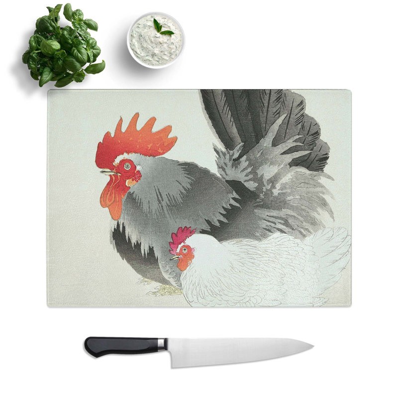 Tempered Glass Rooster and Hen by Ohara Koson Chopping Board, 39 cm W x 28.5 cm L