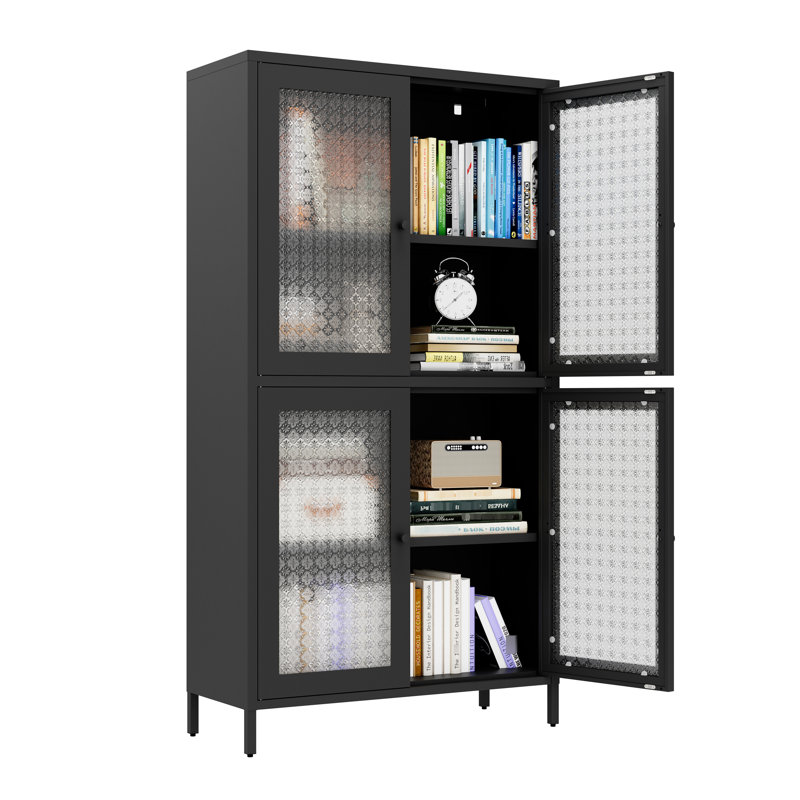 Classic Metal Storage Cabinet With 4 Glass Doors And Shelves - Freestanding Bookcase For Home Office, Living Room, Kitchen Black, Flower Tempered Door Sections Home, Black Beauty