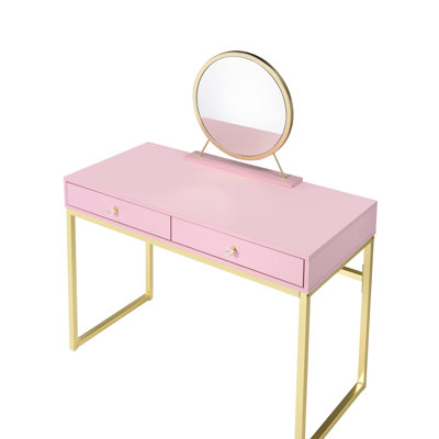 Bureau de coiffeuse rectangulaire rose et or avec poignée en cristal, structure en métal, miroir, plateau à bijoux, 2 tiroirs de rangement, structure coulissante du tiroir central, extension aux 2/3