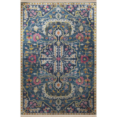 Navy Blue Themed Traditional Motif Ethnic Floral Patterned Fringed Vintage Decorative Carpet