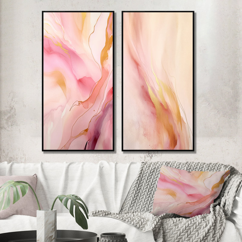 «Pink And Gold Enchanted Spills», 2 pièces sur toile, Cadre noir, H 32 po x l 32 po
